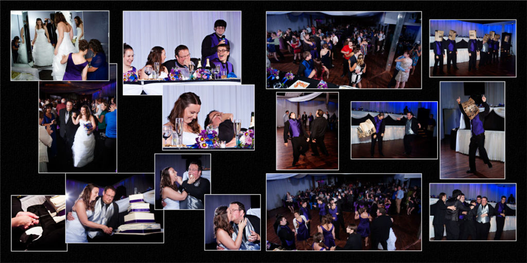 A two-page spread showcases many of their wedding reception and dance photos at the Profile Event Center in Minneapolis, MN.