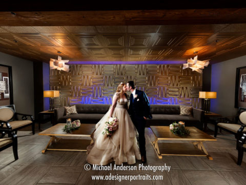 A'BULAE light painted wedding photograph of a bride and groom in the Capitol Lounge at A"BULAE in St. Paul, MN.