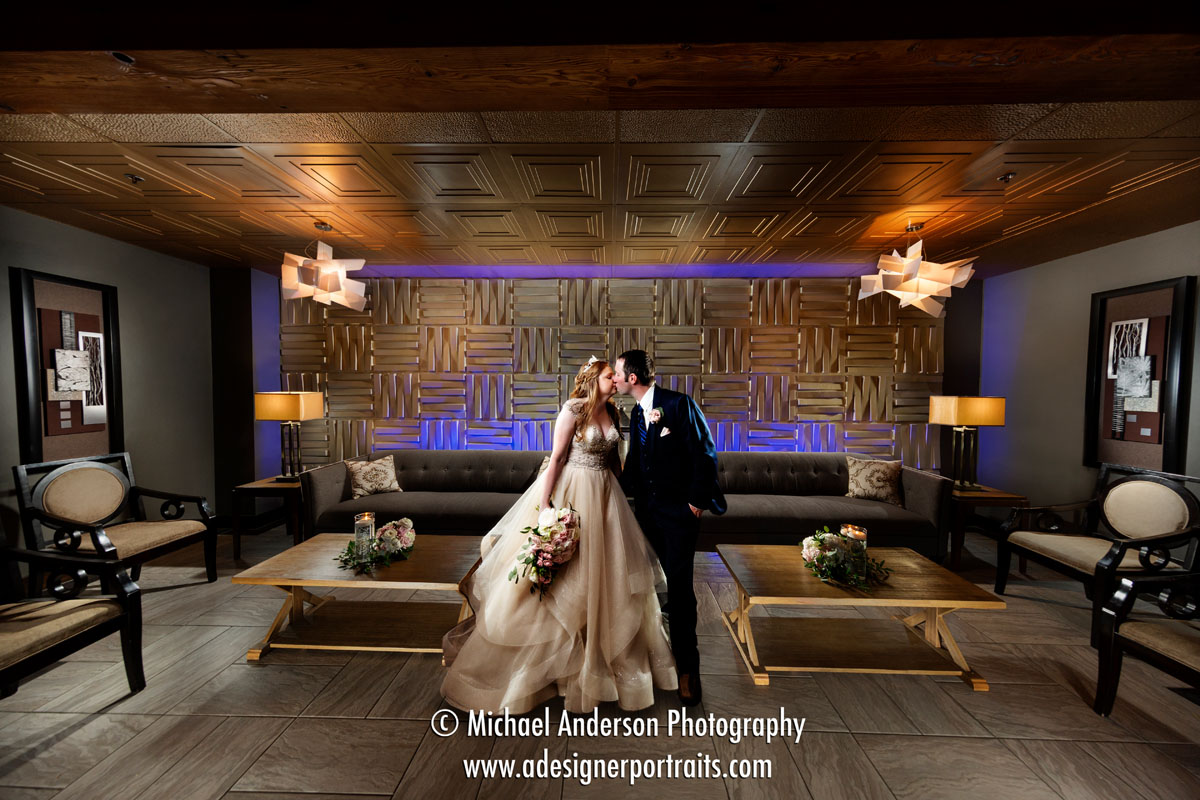 A'BULAE light painted wedding photograph of a bride and groom in the Capitol Lounge at A"BULAE in St. Paul, MN.