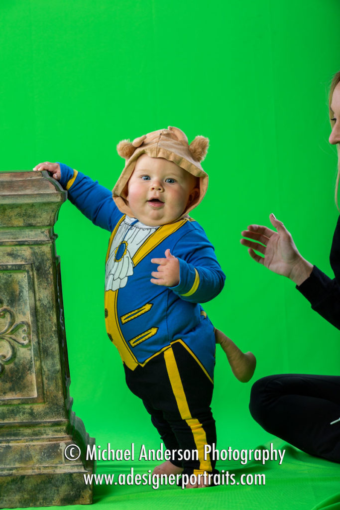 A cute green screen portrait of a seven-month-old baby boy dressed as The Beast. The photo was taken for a Beauty and the Beast Photo Composite.