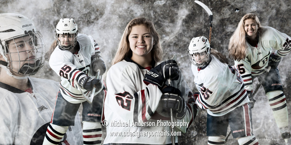 High school senior photo green screen composite of a Champlin Park girls hockey player wearing #25.