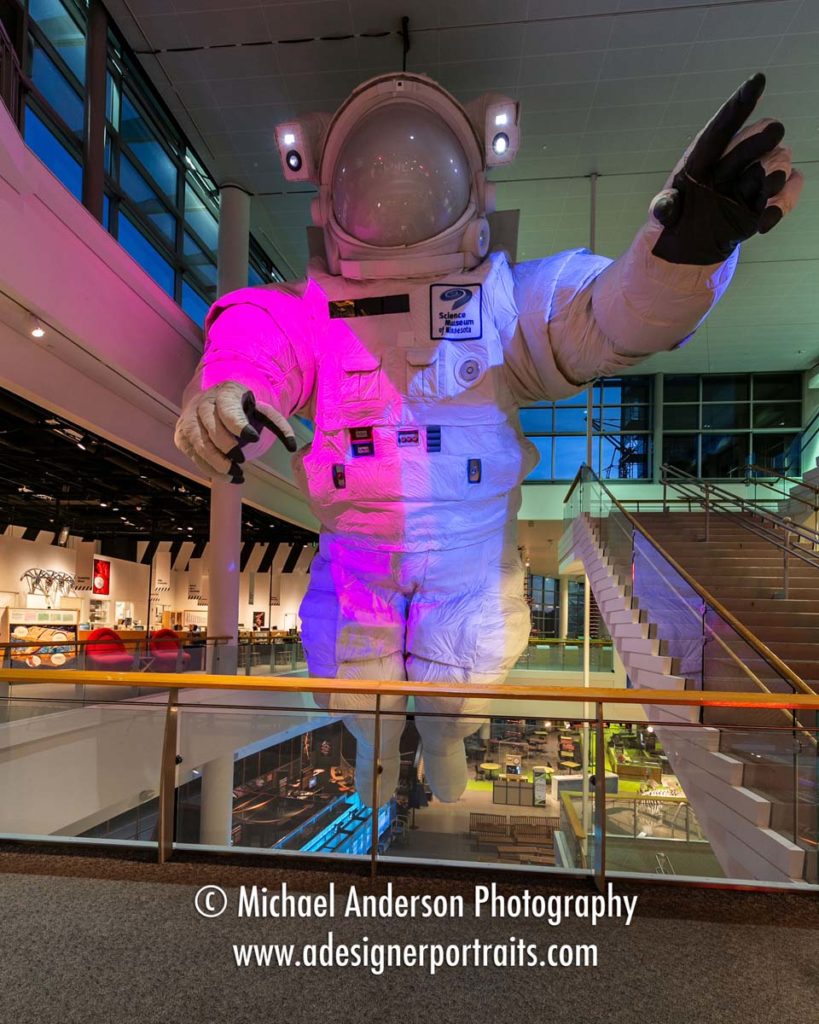 Science Museum of Minnesota light painting. The starting image, before light painting, of the huge astronaut on display.