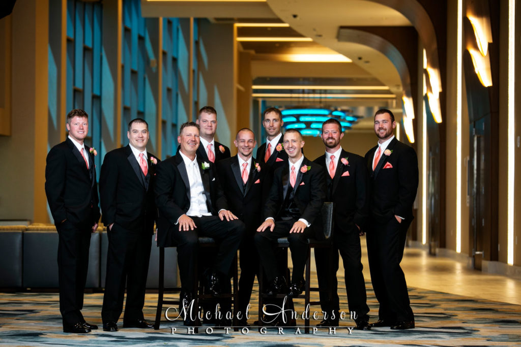 Mystic Lake Casino wedding photos of the groom and his groomsmen at the new Mystic Lake Center at Mystic Lake Casino in Prior Lake, MN.