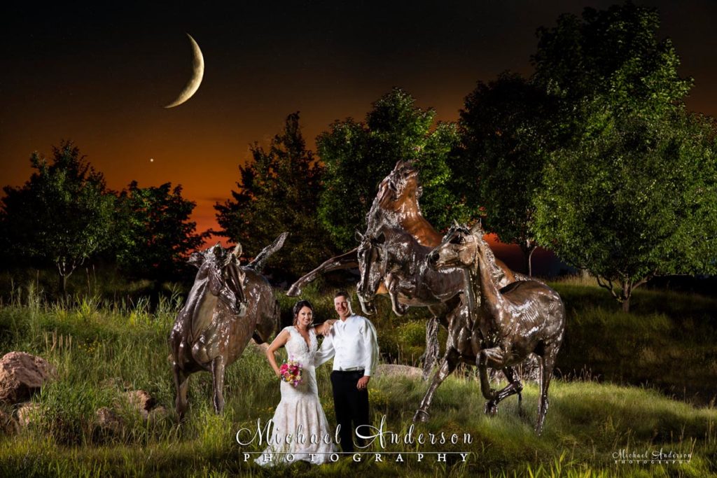 Shayne and Lyndsay's stunning Meadows at Mystic Lake wedding light painting! Photo includes a waxing crescent moon, and the planet Mercury low on the horizon.