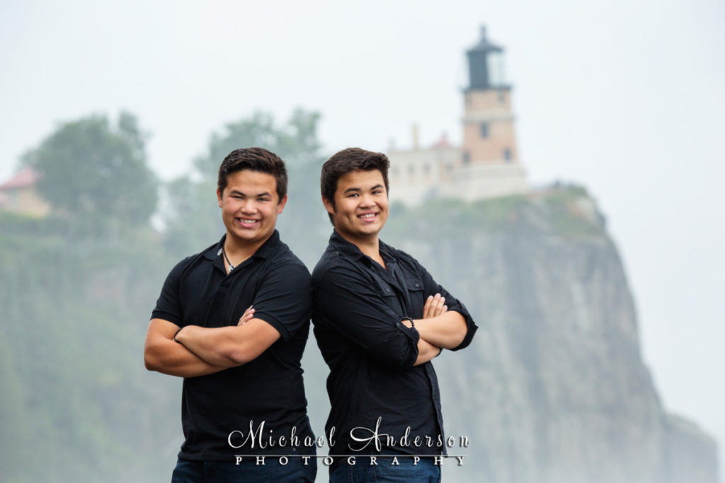 Lake Superior senior photos of twin boys, Caleb and Micah, at Split Rock Lighthouse.