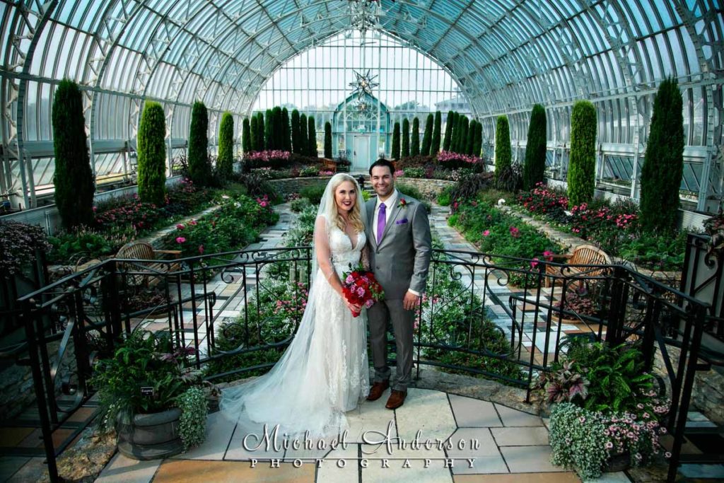 Marjorie McNeely Conservatory wedding photo overlooking the pretty Sunken Gardens.