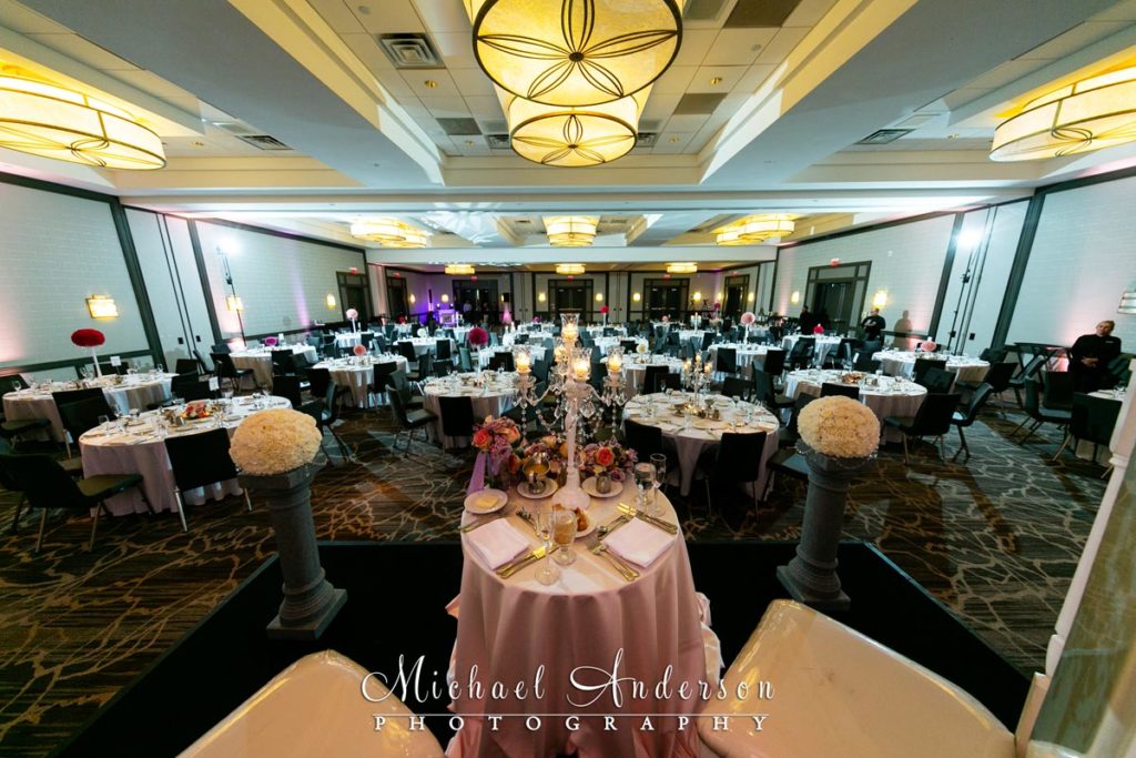 Minneapolis Marriott Southwest wedding reception photo of the pretty grand ballroom all ready for a wedding.