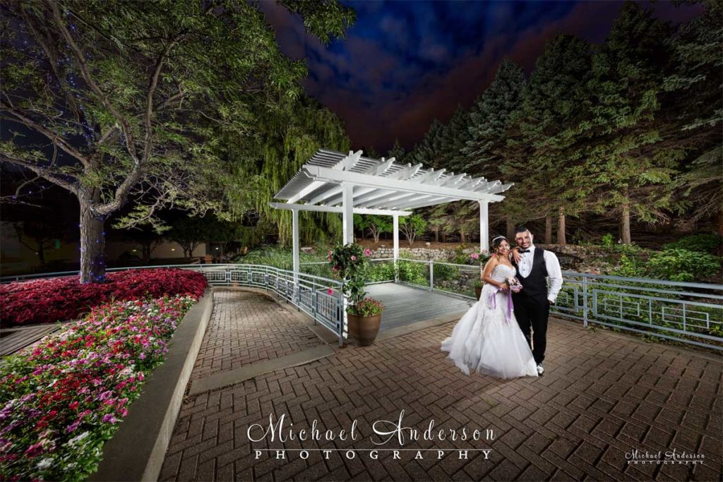 Minneapolis Marriott Southwest light painted wedding photograph created at the outdoor patio area.