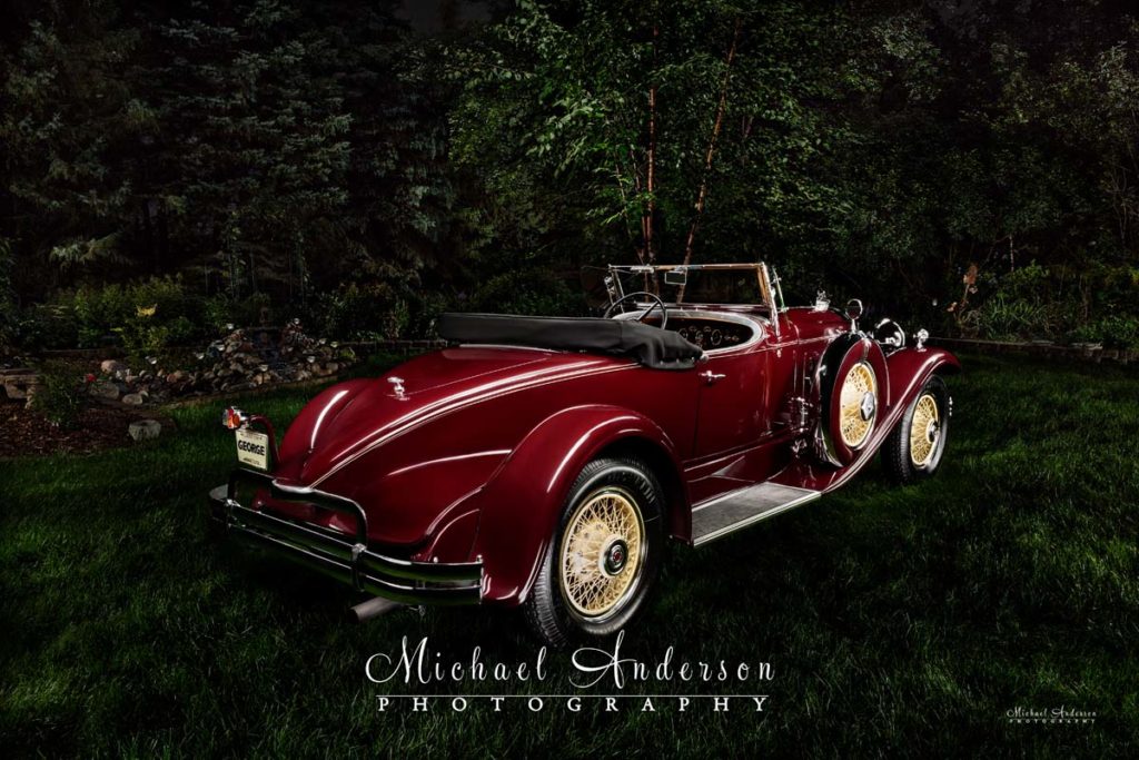 A really cool light painted photograph of a 1930 Packard 734 Boattail Speedster.