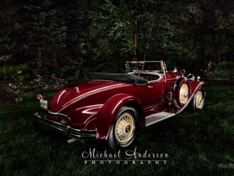 A really cool light painted photograph of a 1930 Packard 734 Boattail Speedster.
