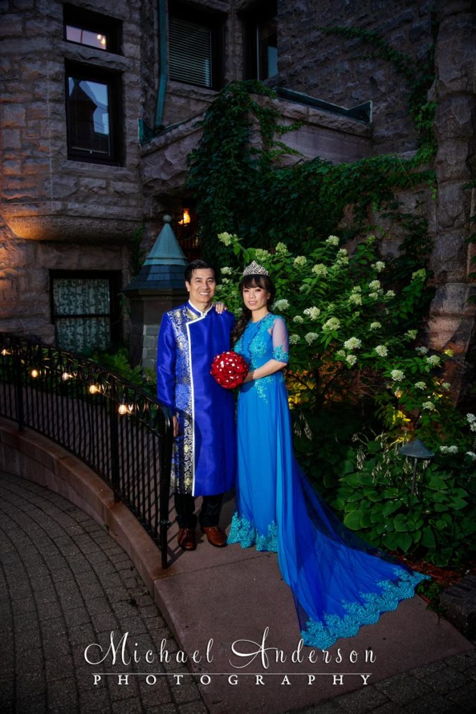 The Van Dusen Mansion wedding reception photos of the bride and groom wearing Vietnamese attire including the bride wearing a traditional Áo dài.