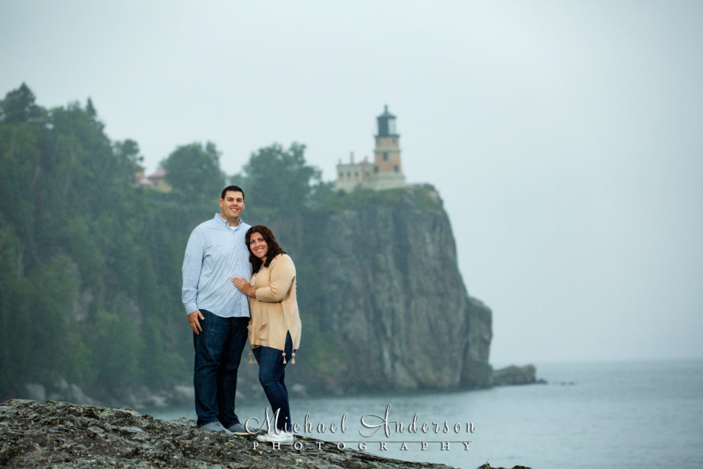 North Shore engagement photos in the rain at Split Rock Lighthouse State Park.