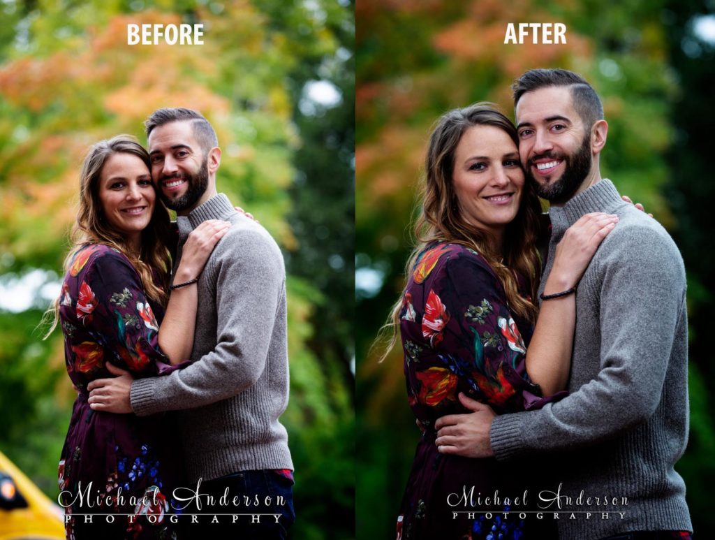 Engagement portrait "before and after" lighting comparison using our custom built lighting cart.