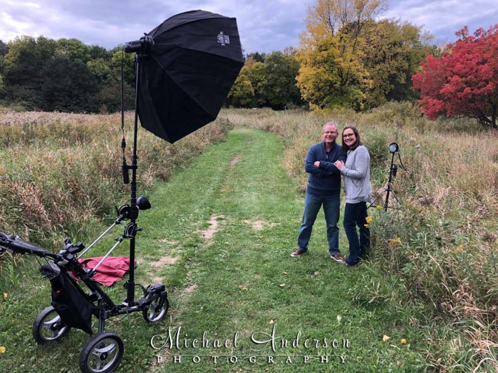 Behind the scenes engagement photo of our custom built lighting cart at Linda and Mike's Rotary Nature Preserve engagement portraits