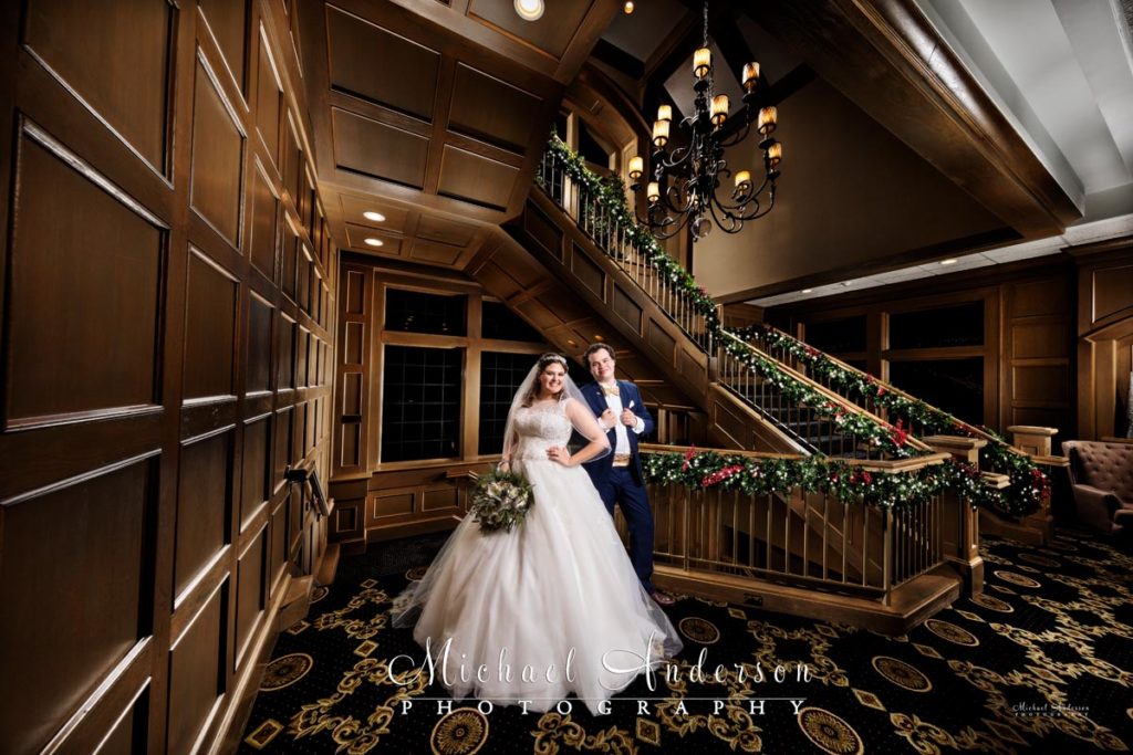 Rush Creek light painted wedding photo of a bride and groom by the Grand Staircase.