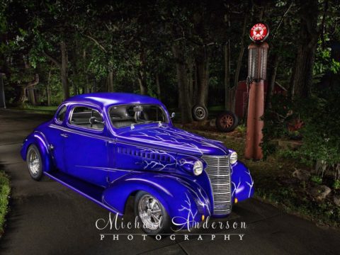 A stunning 1938 Chevy Coupe light painting photograph.