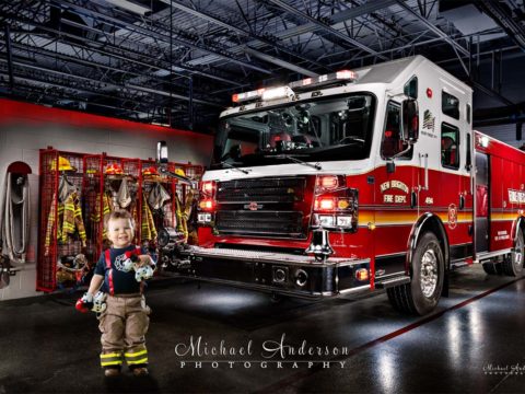 Light painting of New Brighton Engine 494 done in the firehouse with a two-year-old boy and two toy Dalmatian puppies!