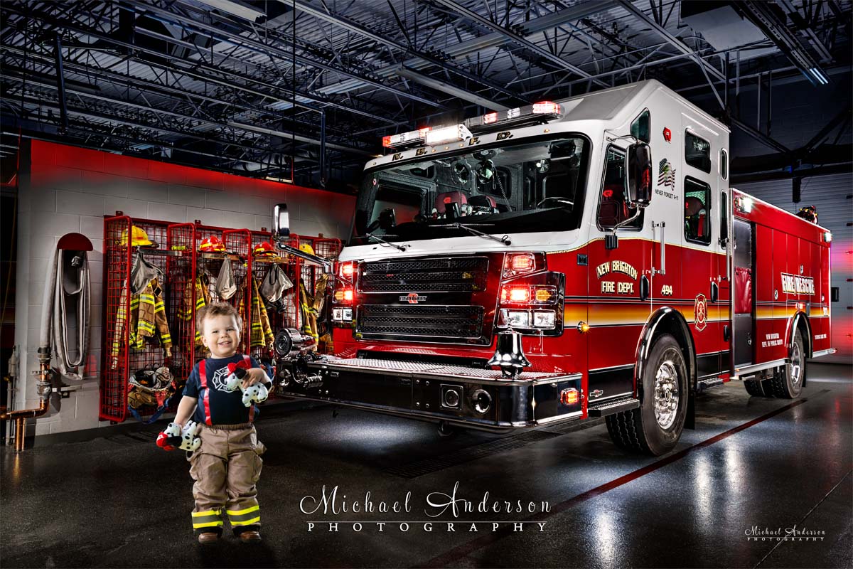 Light painting of New Brighton Engine 494 done in the firehouse with a two-year-old boy and two toy Dalmatian puppies!