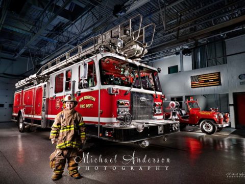 A cool light painting of New Brighton Aerial 498 and a junior firefighter.