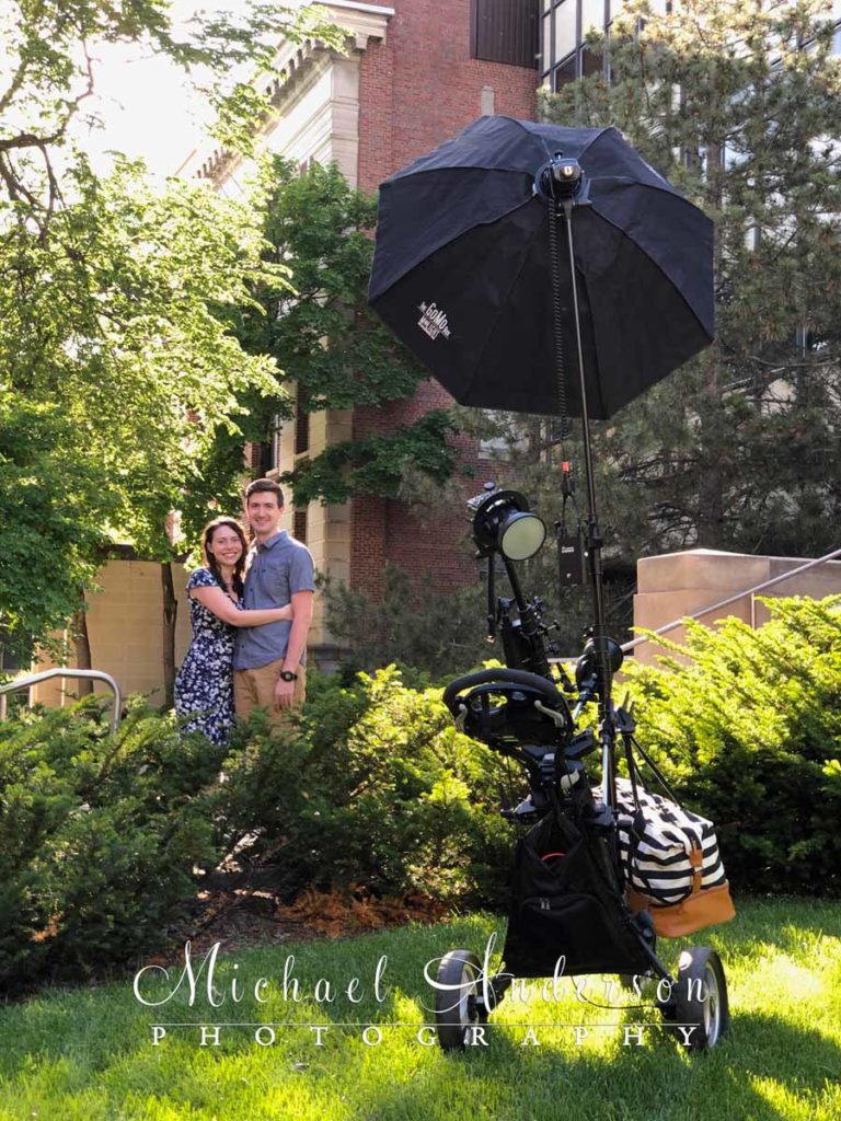 Our custom-built lighting cart in action at Murphy Hall for an engagement portrait session at the U of M.