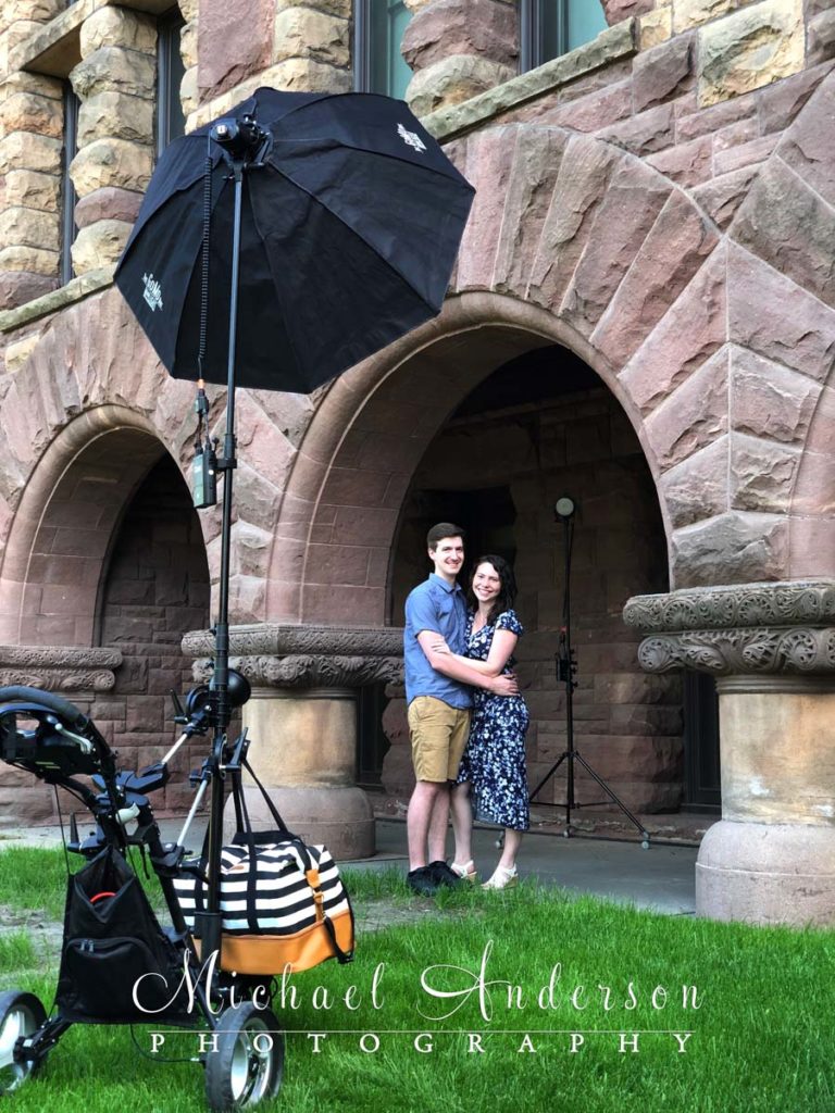 Our custom-built lighting cart in action for an engagement portrait session at Pillsbury Hall at the U of M.