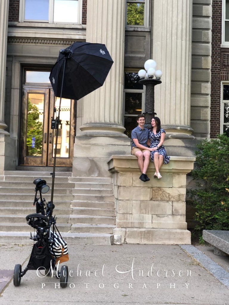 Our custom-built lighting cart in action at Smith Hall for an engagement portrait session at the U of M.