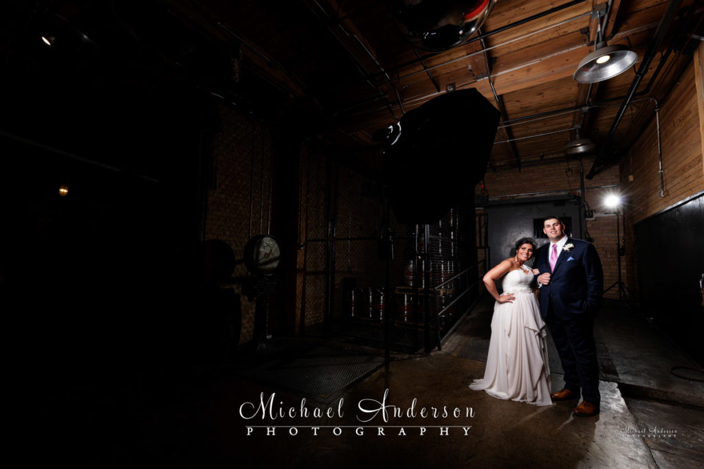 Photo of the bride and groom at the Solar Arts Building in Minneapolis prior to having the image light painted.