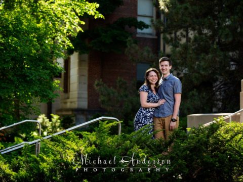 U of M engagement portraits in front of Murphy Hall at the U of M.