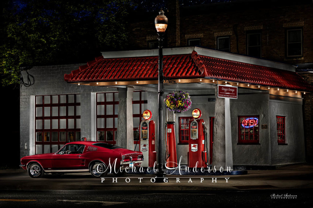 A beautiful 1967 Ford Mustang light painting created in front of Gregg's Garage Vintage Restored Gas Station.