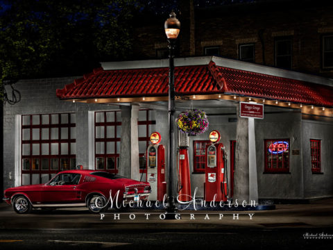 A beautiful 1967 Ford Mustang light painting created in front of Gregg's Garage Vintage Restored Gas Station.