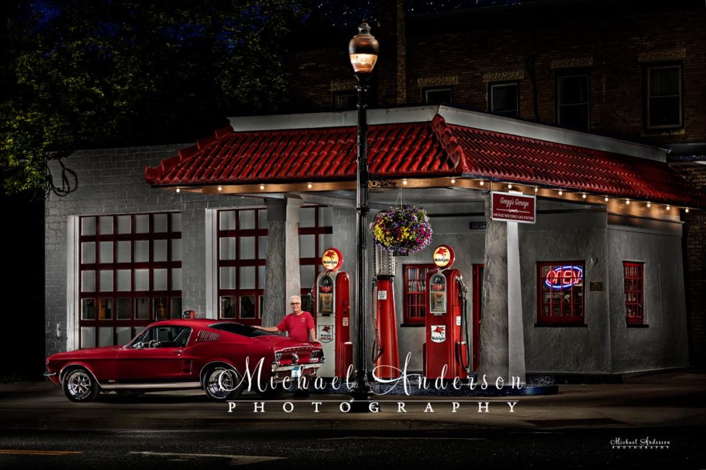 1967-Ford-Mustang-light-painting-photo-with-owner-Vintage-Gas-Station-Carver-MN