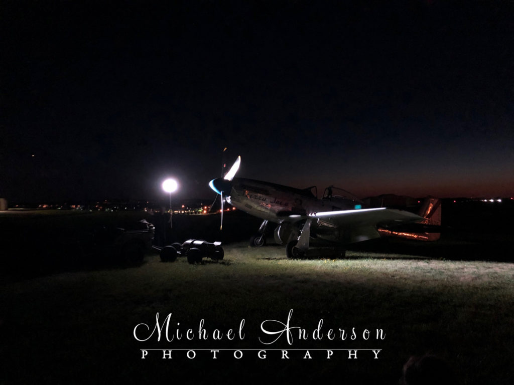 Nighttime photo of the P-51D Mustang Fighter, "Sierra Sue II" at Flying Cloud Airport in Eden Prairie, MN.