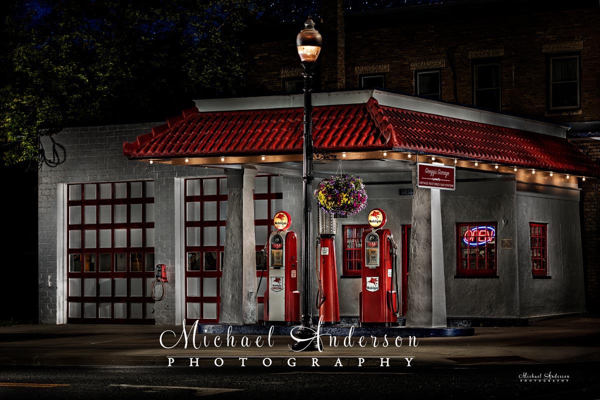 Gregg's Vintage Gas Station light painting photograph created in Carver, MN.