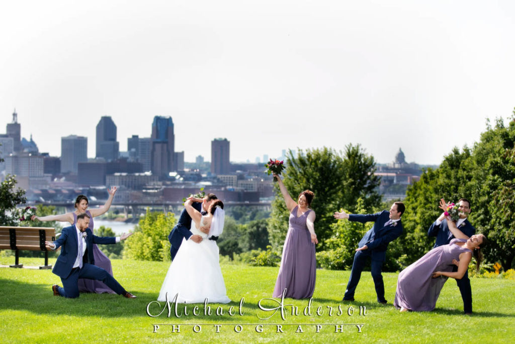 A bride, groom, and their wedding party at Indian Mounds Regional Park in St. Paul, MN.