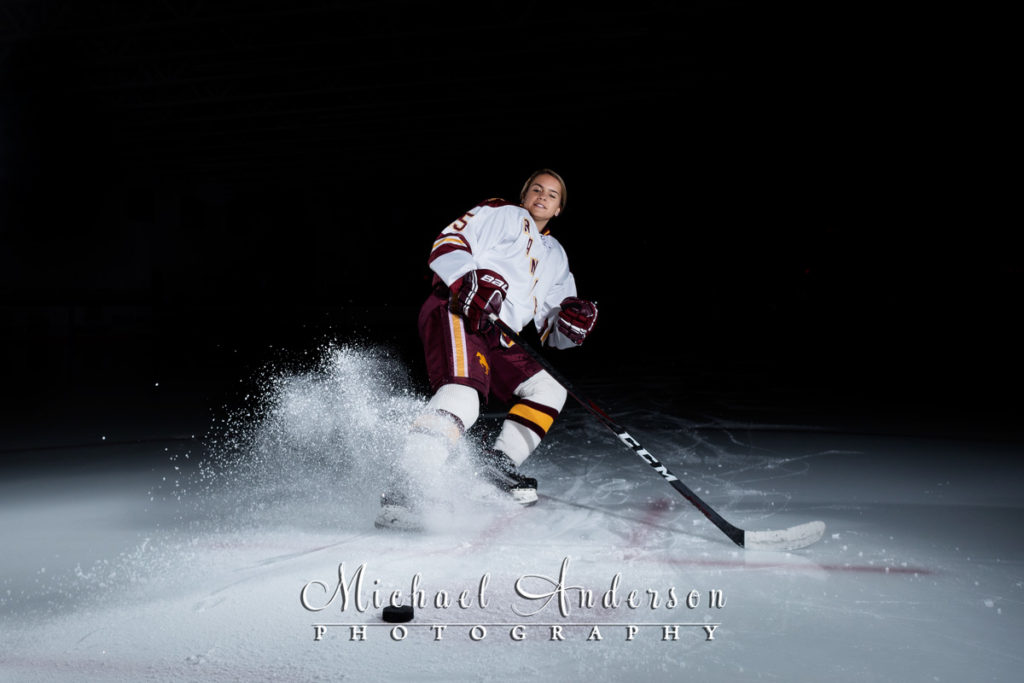 A senior pic taken on the ice at Lichtscheidl Arena in Forest Lake, MN.