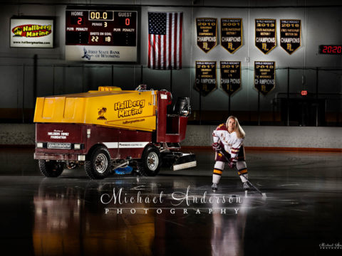 Light painted senior photo with the Zamboni at Lichtscheidl Arena in Forest Lake, MN.
