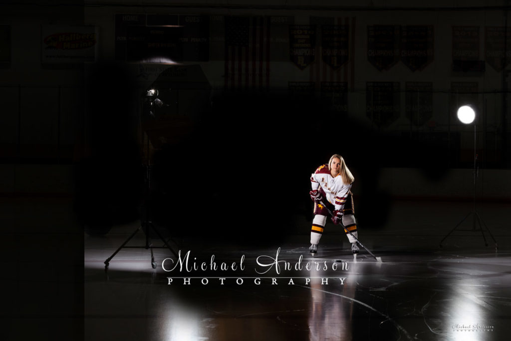 The behind-the-scenes "set-up" for a unique light painted senior photo. Image was taken at Lichtscheidl Arena in Forest Lake, MN.