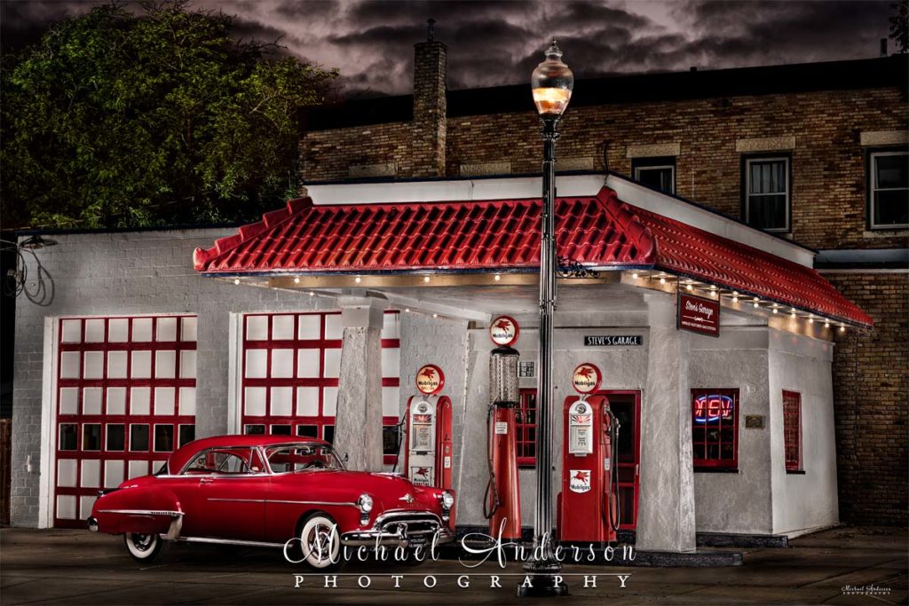 1950 Oldsmobile 88 Holiday Coupe light painting created at Gregg's Garage Vintage Restored Gas Station in Carver, MN.