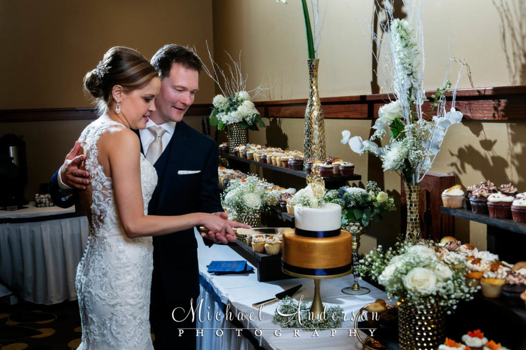 The bride and groom cutting the cake at their wedding reception at Grandview Lodge in Nisswa, MN.