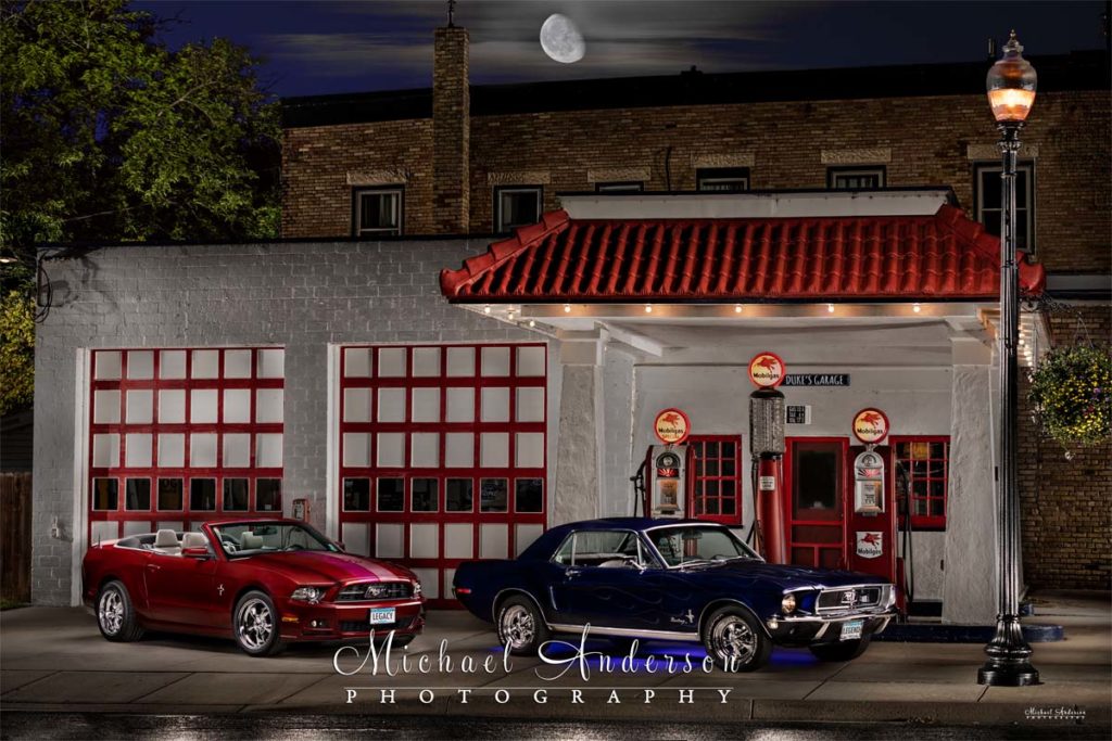 Light-painted-Ford-Mustangs-a-1968-and-a-2014-at-Greggs-Vintage-Restored-Gas-Station-Carver-MN