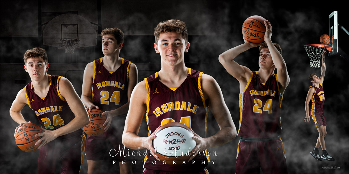 The Class of 2020 Irondale High School boys basketball composite. Five images photographed on green screen and combined into a cool senior photo collage.