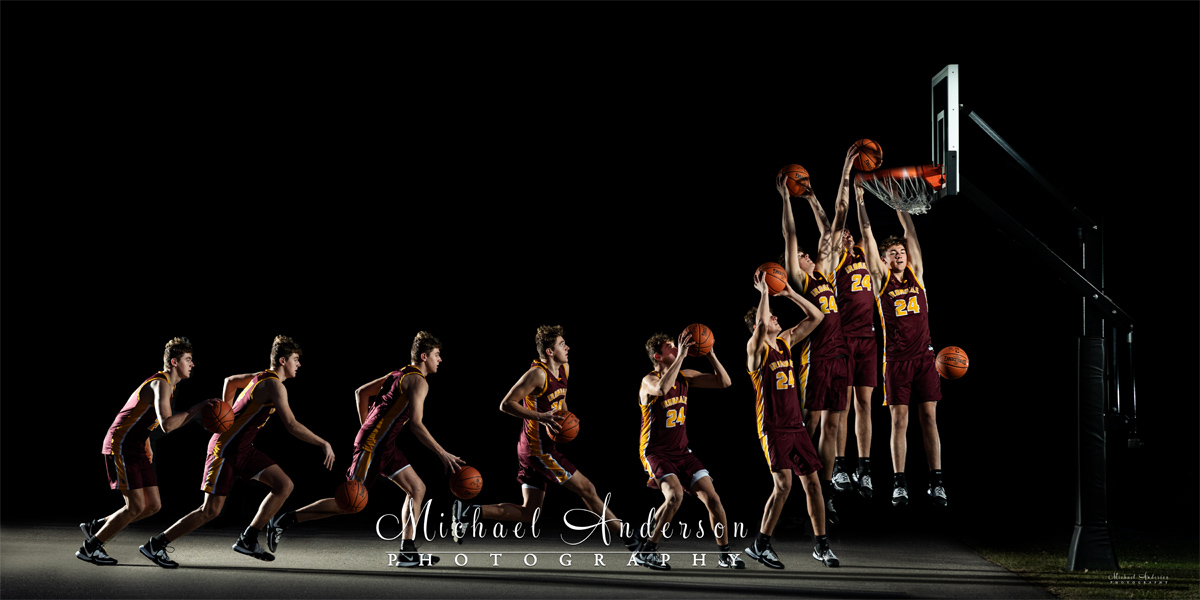 A series of Irondale basketball senior photos of a boy dunking a basketball.