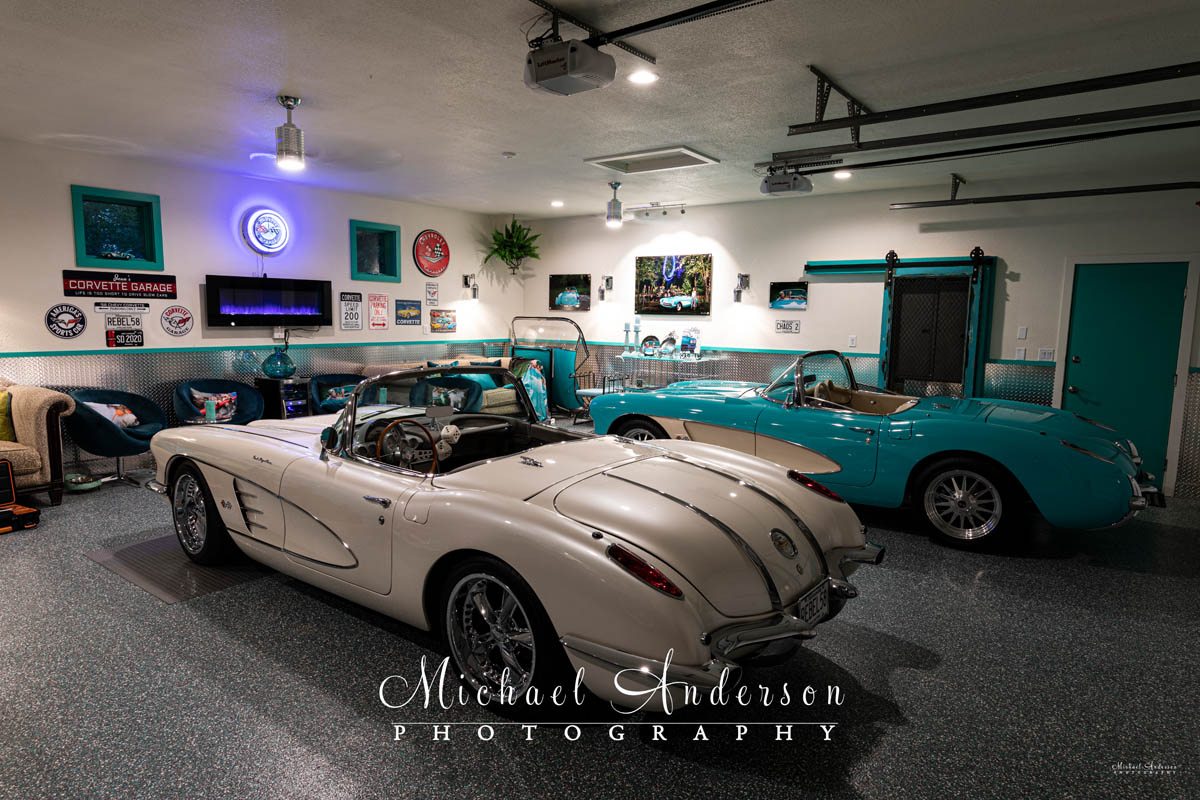 The set-up image before light painting a pair of Corvettes in a She Shed.