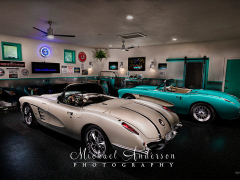 Light painting a pair of Corvettes, a 1957 and a 1958, in a matching She Shed.