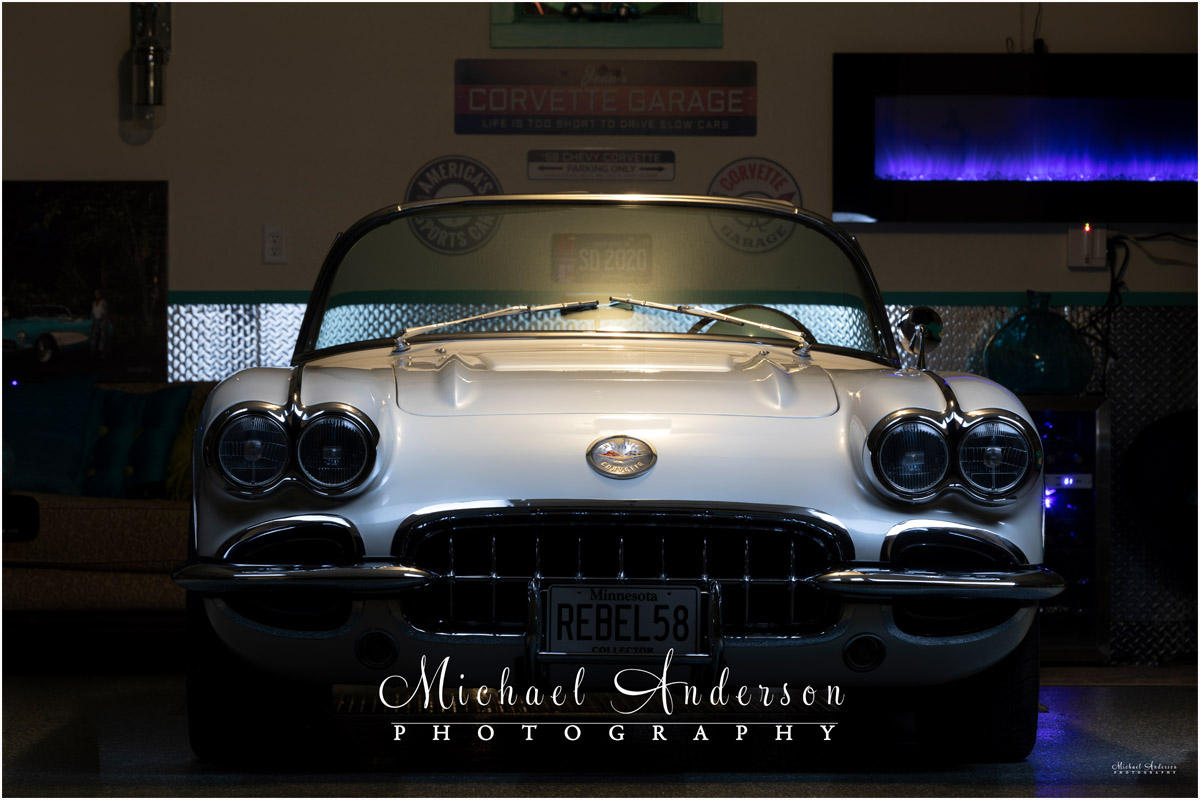 Photo of the front end of a 1958 C1 Corvette before light painting it.