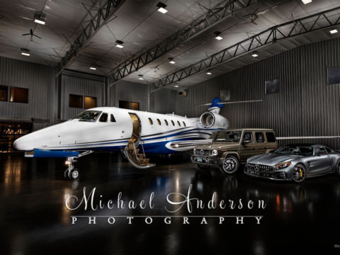 Professional photographer in Mounds View, Minnesota. Light painted image of a Cessna Citation X+, a 2020 G63 Mercedes, & 2020 Mercedes GTR.