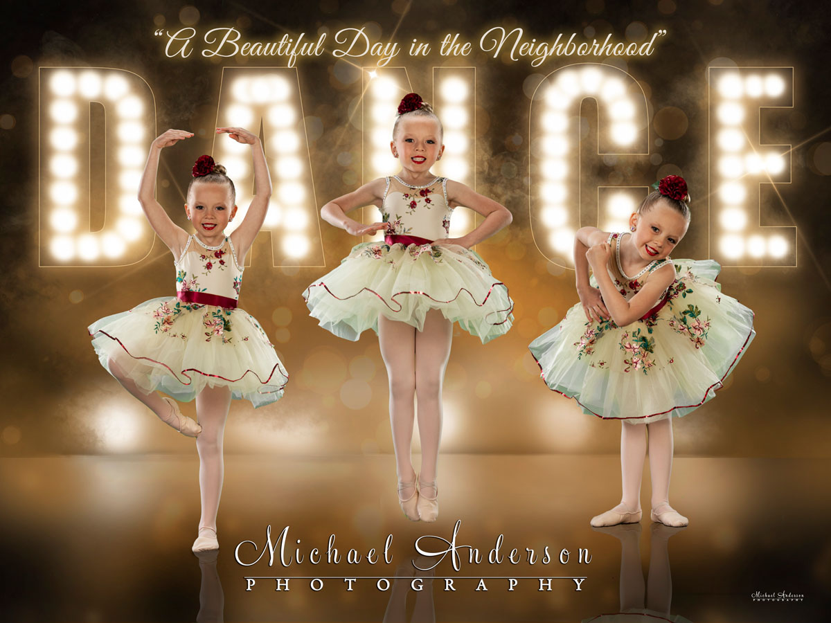 A green screen photo composite of a cute girl in her "A Beautiful Day the Neighborhood" dance costume.