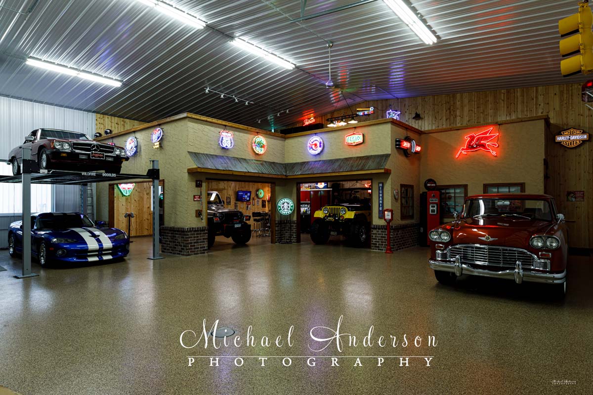 A vintage gas station inside a garage condo taken prior to light painting the whole scene.