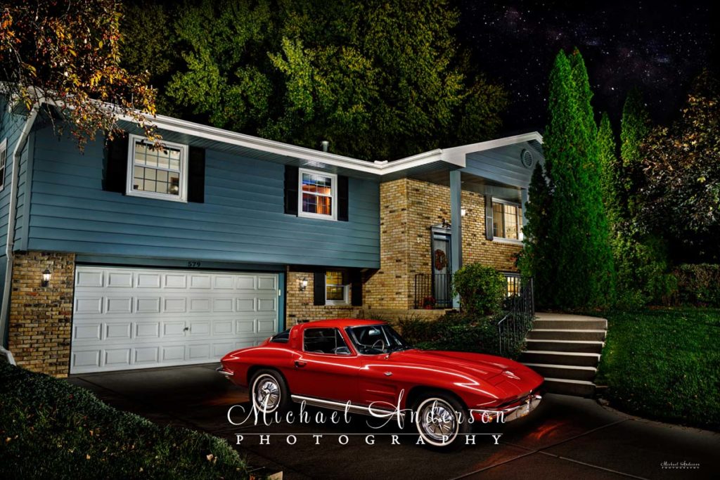 A beautiful light painting of a 1964 Corvette Sting Ray and the clients home.