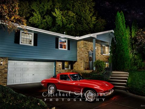 A beautiful light painting of a 1964 Corvette Sting Ray and the clients home.